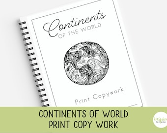 Continents of the World, Print Copywork, Continent Facts, Print Handwriting Practice, Charlotte Mason, Classical, Homeschool geography