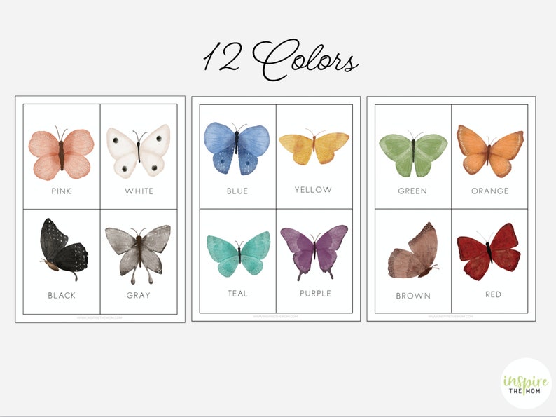 May include: A set of 12 watercolor butterfly illustrations, each depicting a different color: pink, white, blue, yellow, green, orange, black, gray, teal, purple, brown, and red. The butterflies are arranged in a grid of three rows and four columns.