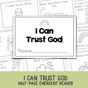 Może przedstawiać: Czarno-biała książka dla początkujących czytelników zatytułowana "I Can Trust God". Okładka zawiera grafikę tęczy i miejsce na imię. Dodatkowe strony przedstawiają proste ilustracje i frazy takie jak "Bóg jest zawsze ze mną."