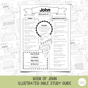 May include: A black and white illustrated Bible study guide for the Book of John. The guide includes an outline, important events, and a big idea section. The text includes the phrase "Jesus is God!" and "Illustrated Bible Study Guide".