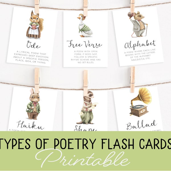 Types of Poetry flash cards, Homeschool printable, Poetry types, Peter Rabbit, Poem flash cards, homeschool resource, poetry activity