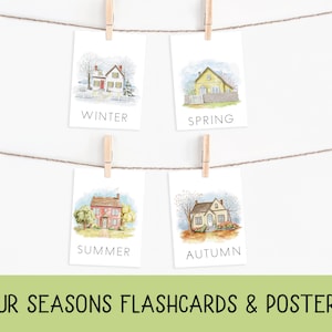 Beautiful Four Seasons flashcards, Seasons Poster, Homeschool printable, Montessori Nomenclature Cards, Label activity, watercolor houses