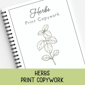 May include: A black and white printable copywork sheet with the title "Herbs Print Copywork" and a line drawing of a sprig of herbs.