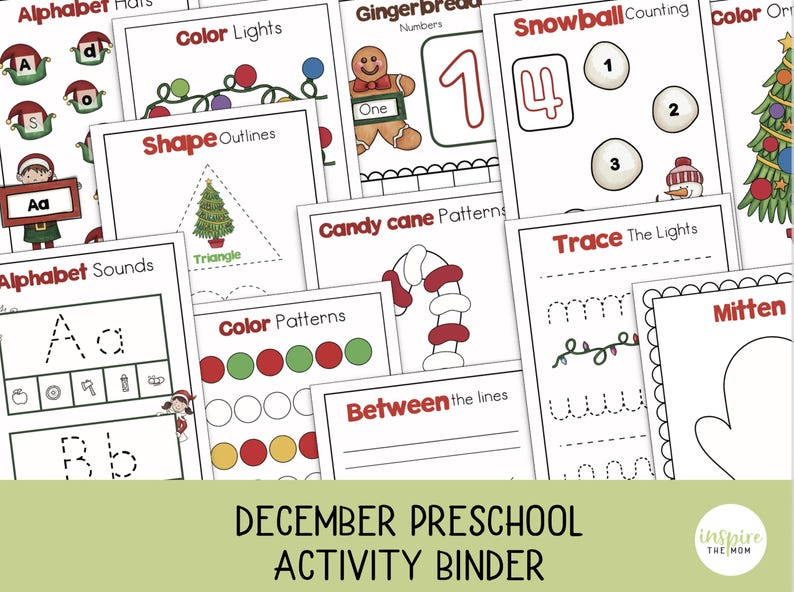 May include: A collection of educational activity pages for preschool children. The pages feature Christmas-themed illustrations and activities, including alphabet practice, color recognition, shape outlines, and counting exercises. The binder is titled "December Preschool Activity Binder."