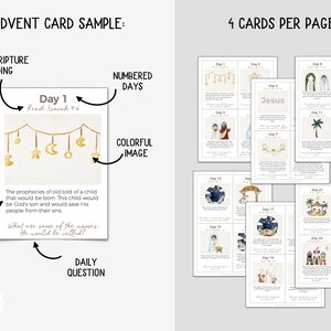 May include: Advent card sample with daily scripture readings and questions. The cards feature colorful images and numbered days. One card displays a gold-colored hanging decoration with moons and stars. The cards are designed to be printed with four cards per page.