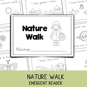Könnte beinhalten: Schwarz-Weiß-Lesebuch mit dem Titel "Nature Walk". Das Cover zeigt den Titel und eine Illustration eines Mädchens mit einem Korb. Andere Seiten zeigen Zeichnungen von Naturelementen wie Blumen, Bäumen und einem Schmetterling.