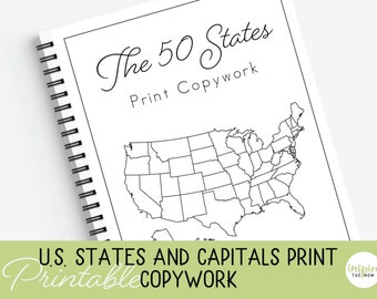 U.S. States and Capitals Print Copywork, Homeschool Printable, Classical and Charlotte Mason Education, States and Capitals Copy Work, Print