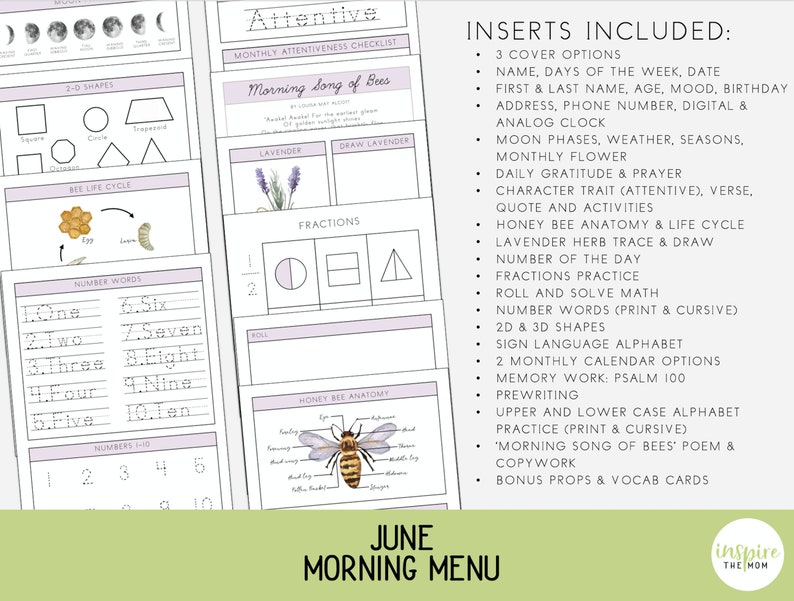 Morning Menu pages for June, Homeschool Printable, Morning Time, Morning Basket, Calendar, Charlotte Mason, Classical, June Morning Menu image 2