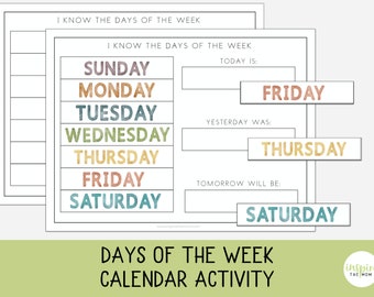 May include: A printable days of the week calendar activity for kids. The calendar features colorful text for each day of the week, with spaces to write in the day, yesterday, and tomorrow.