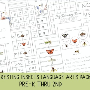 May include: A printable pack of educational worksheets for preschool and primary school children featuring colourful illustrations of insects, including a ladybug, butterfly, dragonfly, and bee. The worksheets include activities such as tracing letters, matching words, and writing sentences. The pack is titled "Interesting Insects Language Arts Pack Pre-K Thru 2nd".