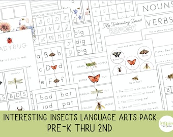 May include: A printable pack of educational worksheets for preschool and elementary school children featuring colorful illustrations of insects, including a ladybug, butterfly, dragonfly, and bee. The worksheets include activities such as tracing letters, matching words, and writing sentences. The pack is titled "Interesting Insects Language Arts Pack Pre-K Thru 2nd".