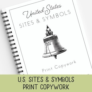 May include: A spiral-bound notebook with the title "United States Sites & Symbols" and a detailed illustration of the Liberty Bell. The words "Print Copywork" are also visible. The notebook is white with black text and a black spiral binding.