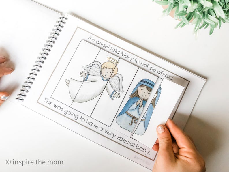 K&ouml;nnte beinhalten: Ein druckbares Buch f&uuml;r Kinder &uuml;ber die Geschichte der Geburt Jesu. Das Buch zeigt Illustrationen eines Engels und Marias. Der Text lautet: "Ein Engel sagte zu Maria, sie solle keine Angst haben. Sie w&uuml;rde ein ganz besonderes Baby bekommen."