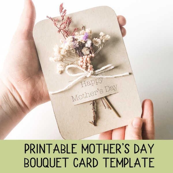 Afdrukbare kaartsjabloon Moederdag boeket, direct downloaden, plaatskaarten, kerkcadeau, feestgunst, voor moeder of oma, Moederdagcadeau