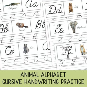 Alfabeto animal, Escritura cursiva, Páginas de práctica, A-Z, Imprimible en casa, Escritura a mano, Letras del alfabeto, Escritura cursiva,