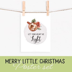 May include: A watercolor illustration of a mug of hot chocolate with marshmallows, surrounded by flowers and greenery. The text "Let your heart be light" is written below the mug.