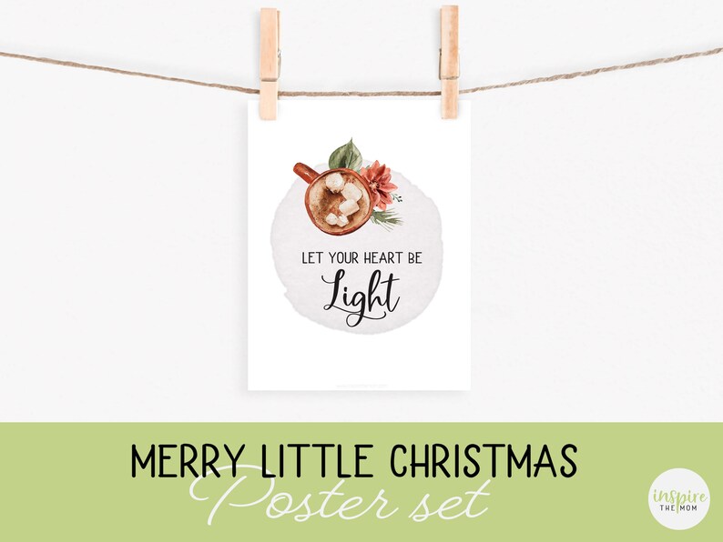 May include: A watercolor illustration of a mug of hot chocolate with marshmallows, surrounded by flowers and greenery. The text "Let your heart be light" is written below the mug.