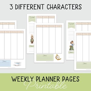 May include: Three printable weekly planner pages featuring different illustrations. The first page has a rabbit wearing a blue dress and holding a basket of flowers. The second page has a rabbit wearing a green jacket and holding a book. The third page has a girl wearing a green dress and holding a basket of flowers.