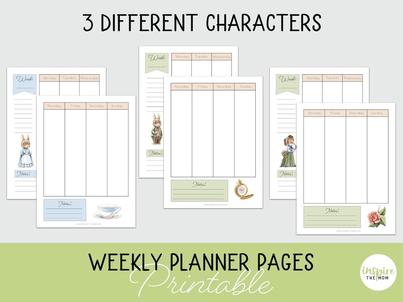 May include: Three printable weekly planner pages featuring different illustrations. The first page has a rabbit wearing a blue dress and holding a basket of flowers. The second page has a rabbit wearing a green jacket and holding a book. The third page has a girl wearing a green dress and holding a basket of flowers.