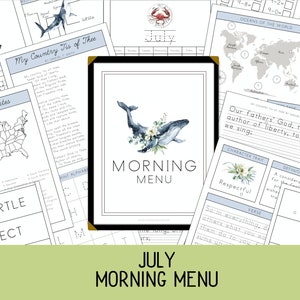 Pages du menu du matin pour juillet | Panier Matin | Charlotte Mason | Revue quotidienne | ELA et mathématiques | Pas de travail de préparation le matin | Revue d'été