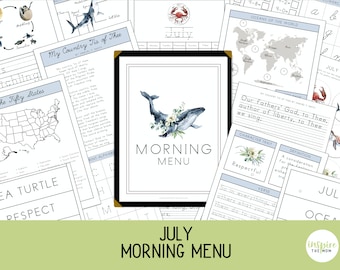 Morning Menu pages for July | Morning Time Basket | Charlotte Mason | Daily Review | ELA & Math | No Prep Morning Work | Summer Review