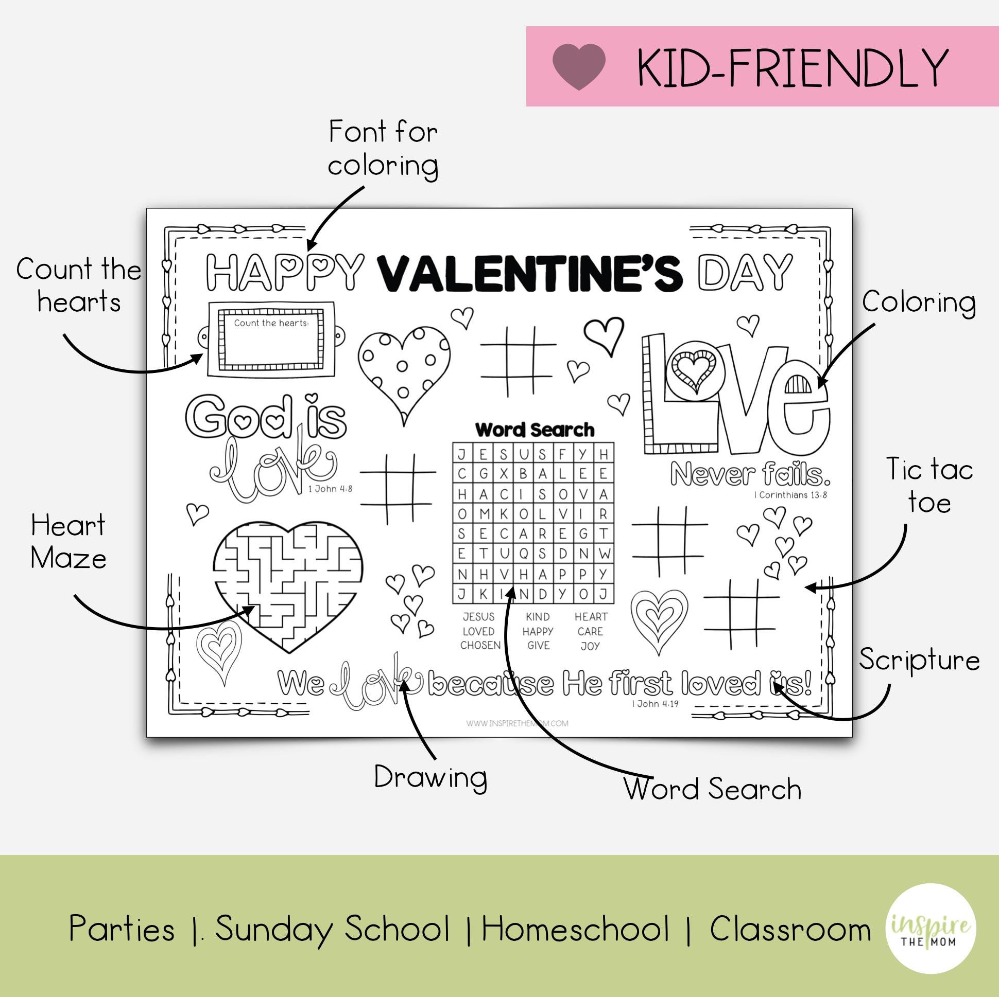 Valentine's Day Bible Activity Placemat for Kids | Bible Activity Sheet ...