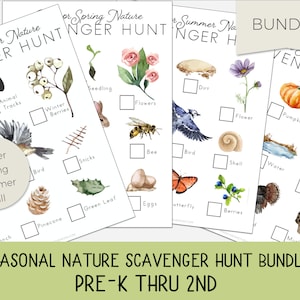 Può includere: Un pacchetto di quattro liste di caccia al tesoro della natura stampabili per bambini. Ogni lista presenta una stagione diversa: inverno, primavera, estate e autunno. Le liste includono immagini di elementi della natura da trovare, come pigne, fiori e foglie.
