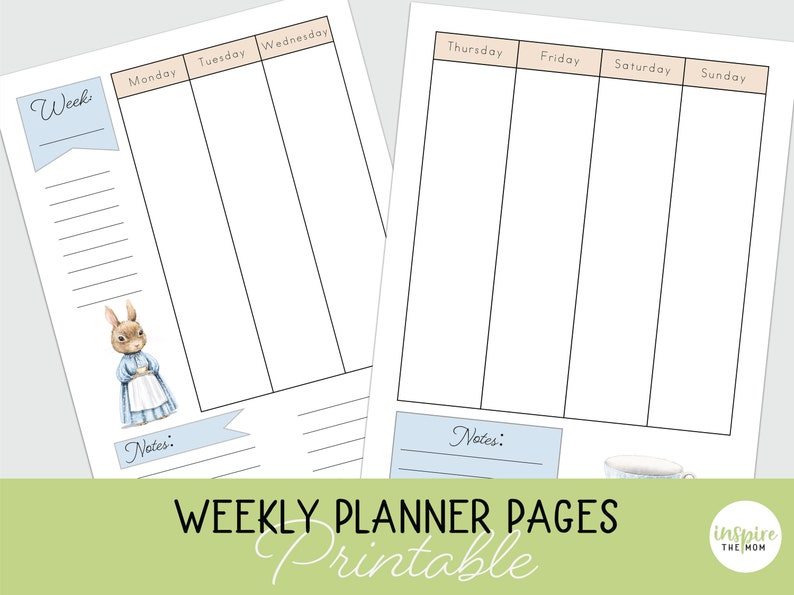May include: Printable weekly planner pages with a light blue background and a cute bunny illustration. The planner includes sections for each day of the week, with space for notes.