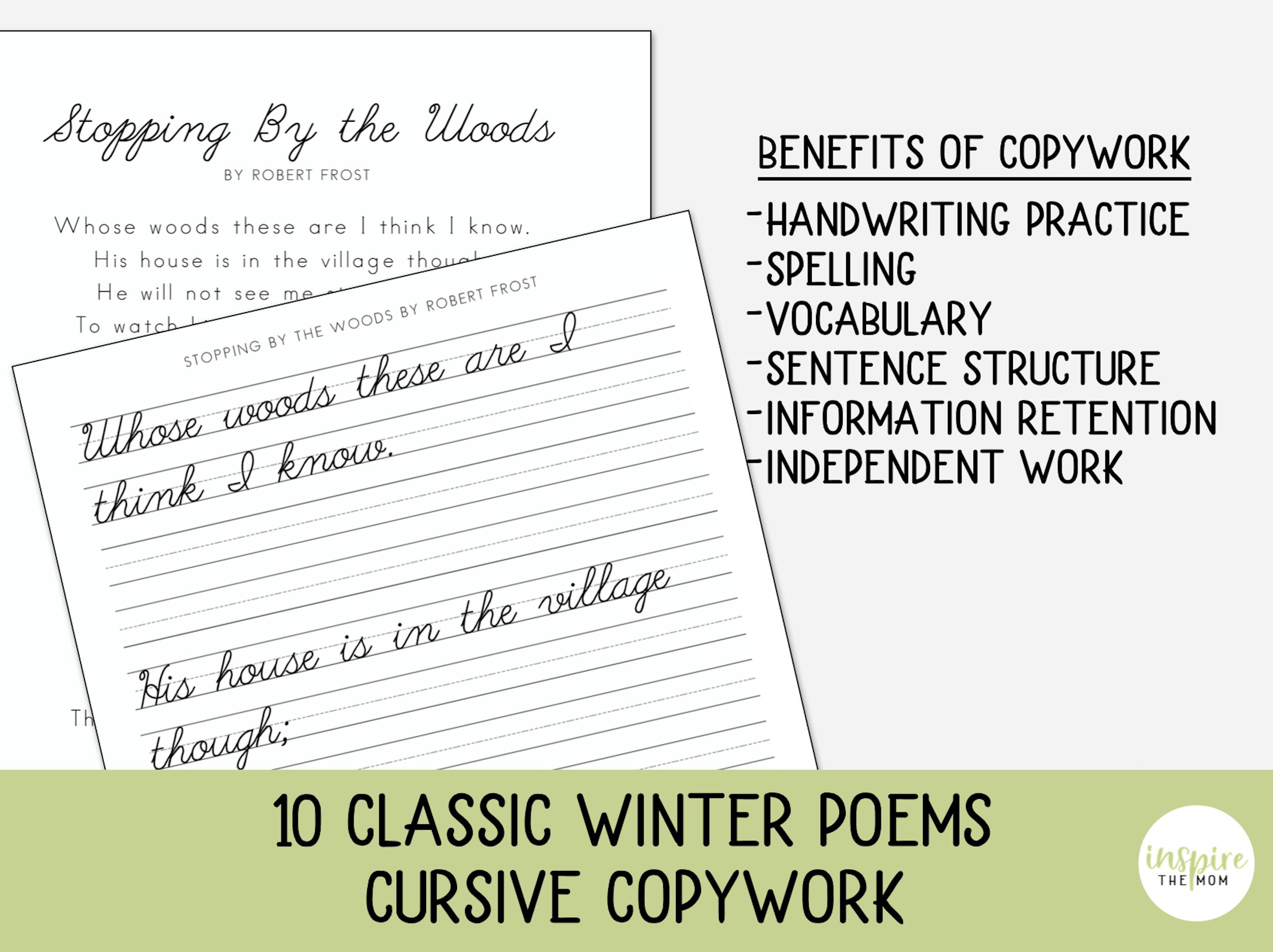 Winter Poems Cursive Copywork, CURSIVE Handwriting Practice, Charlotte ...
