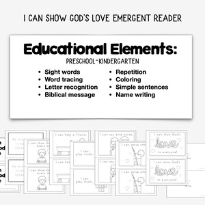 May include: Educational emergent reader for preschool and kindergarten. Features sight words, word tracing, letter recognition, and biblical messages. Includes repetition, coloring, simple sentences, and name writing. Easy classroom printing.