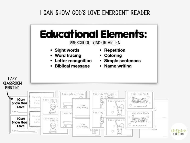 May include: Educational emergent reader for preschool and kindergarten. Features sight words, word tracing, letter recognition, and biblical messages. Includes repetition, coloring, simple sentences, and name writing. Easy classroom printing.