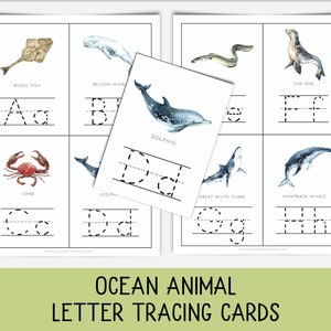 Tarjetas de rastreo del alfabeto de animales oceánicos, actividad de escritura a mano, actividades oceánicas, Montessori, actividad preescolar, impresa y cursiva