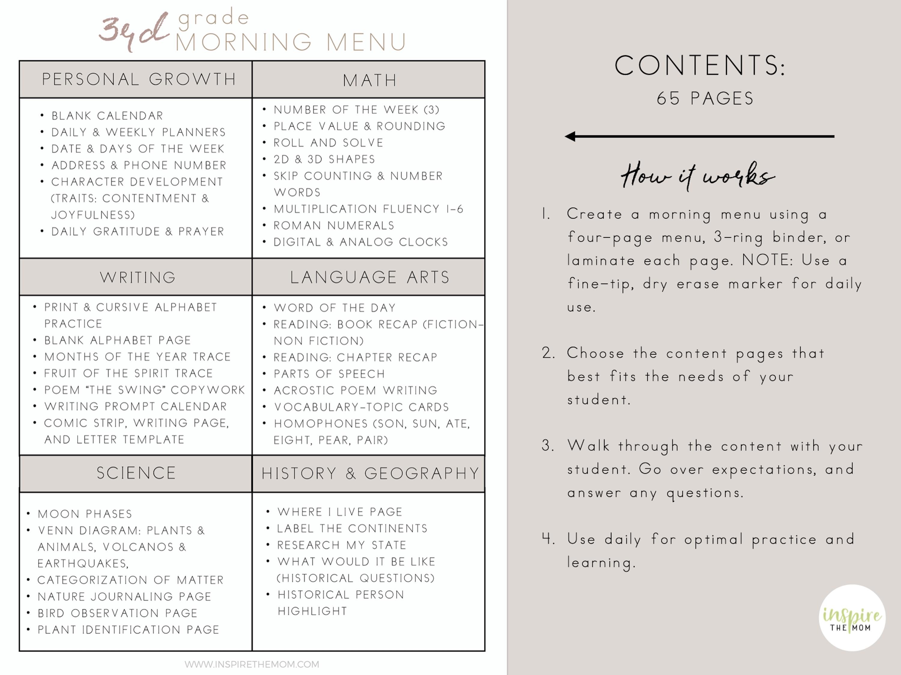 3rd Grade Homework Menu.pdf Morning Menu for Third Grade Kids | No Prep Daily Routine | ELA & Math ...