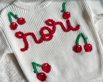 Oversized knit hand embroidered toddler baby summer spring fruit sweater custom personalized Keepsake cherry beach first  birthday outfit