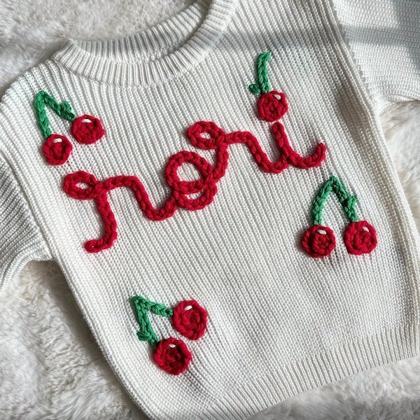 Oversized knit hand embroidered toddler baby summer spring fruit sweater custom personalized Keepsake cherry beach first  birthday outfit