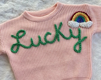Oversized hand embroidered knit sweater Lucky rainbow design baby toddler outfit St. Patrick’s day spring rainbow personalized custom name