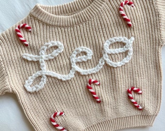 Oversized knit sweater | personalized candy cane christmas name sweater for newborn baby and toddler | embroidered christmas gift for kids