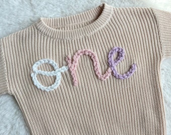 Oversized hand embroidered knit sweater toddler kids clothing | boho baby| winter spring baby First birthday one sweater outfit