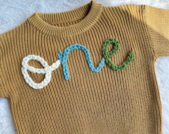 Oversized hand embroidered knit sweater toddler kids clothing | boho baby| winter spring baby First birthday one boy sweater outfit