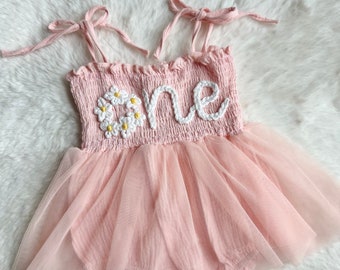 Hand embroidered first birthday Daisy dress tutu outfit custom light pink peach romper for one year old toddler summer spring flower power