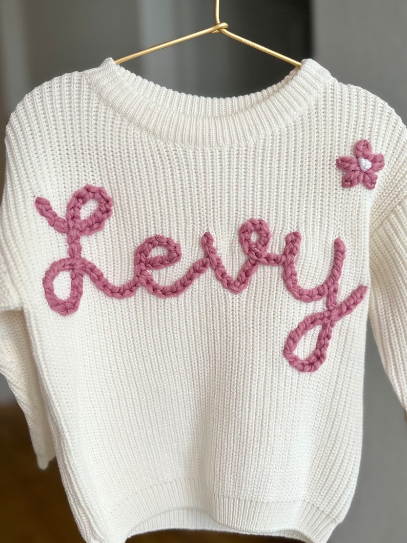 Oversized knit sweater hand Embroidered baby toddler clothing Monthly milestone outfit personalized custom year round best newborn gift white cloud