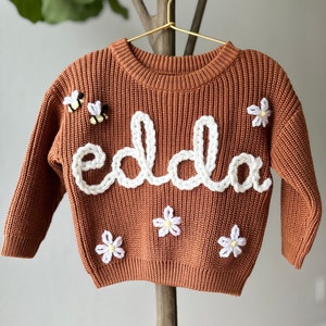 Oversized kid toddler baby sweater. Cable knit sweater daisy rainbow bee heart add on image 3
