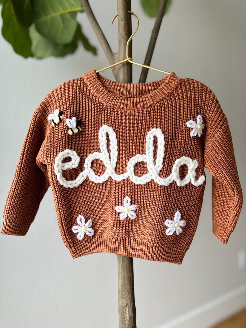 Oversized kid toddler baby sweater. Cable knit sweater daisy rainbow bee heart add on image 3