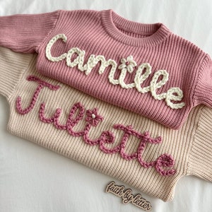 Oversized knit sweater hand Embroidered baby toddler clothing Monthly milestone outfit personalized custom year round best newborn gift pink sunset