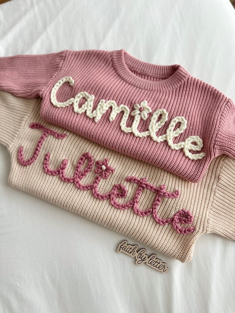 Oversized knit sweater hand Embroidered baby toddler clothing Monthly milestone outfit personalized custom year round best newborn gift pink sunset