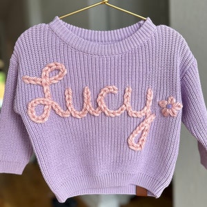 Oversized knit sweater hand Embroidered baby toddler clothing Monthly milestone outfit personalized custom year round best newborn gift lilac dusk