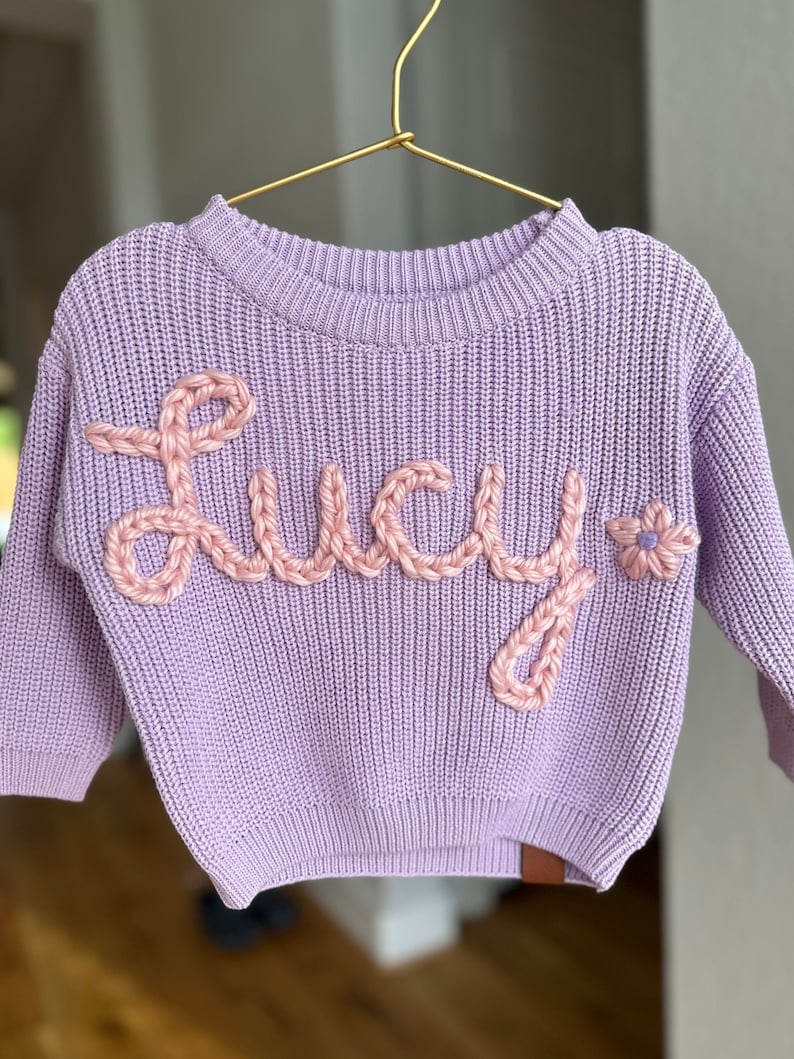 Oversized knit sweater hand Embroidered baby toddler clothing Monthly milestone outfit personalized custom year round best newborn gift lilac dusk