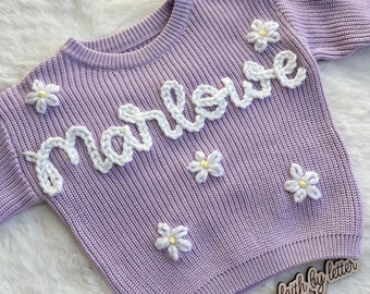 Hand embroidered spring daisy sweater best newborn keepsake baby gift for baby shower Monthly milestone sweater outfit for baby and toddler