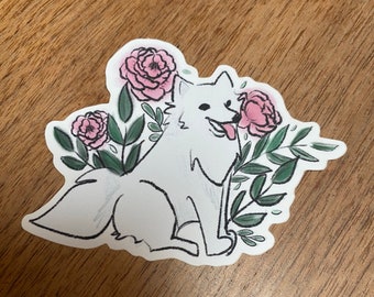 White Dog with Flowers || Pet Sticker