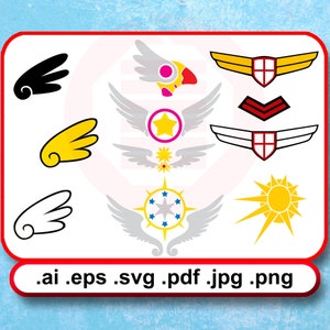 Anime SVG schneiden Dateien Card Captor Sakura Clipart Vektor Sakura Cosplay druckbare Aufkleber Flügel Zauberstab Stab Stab Tomoeda Symbole digitaler download